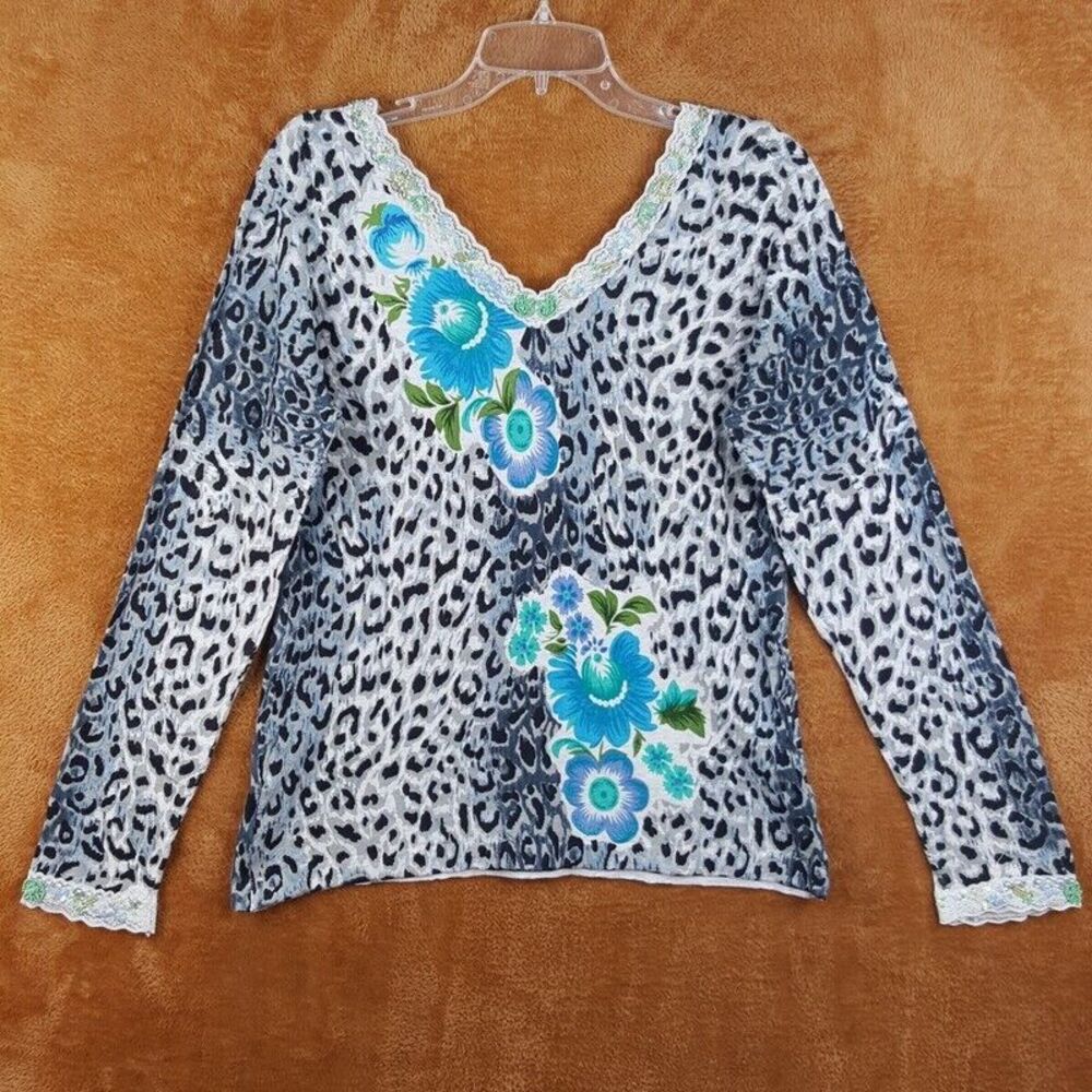 CHARLOTTE TARANTOLA Womens Sweater Large Gray Pullover Leopard Floral Beaded - Picture 3 of 8